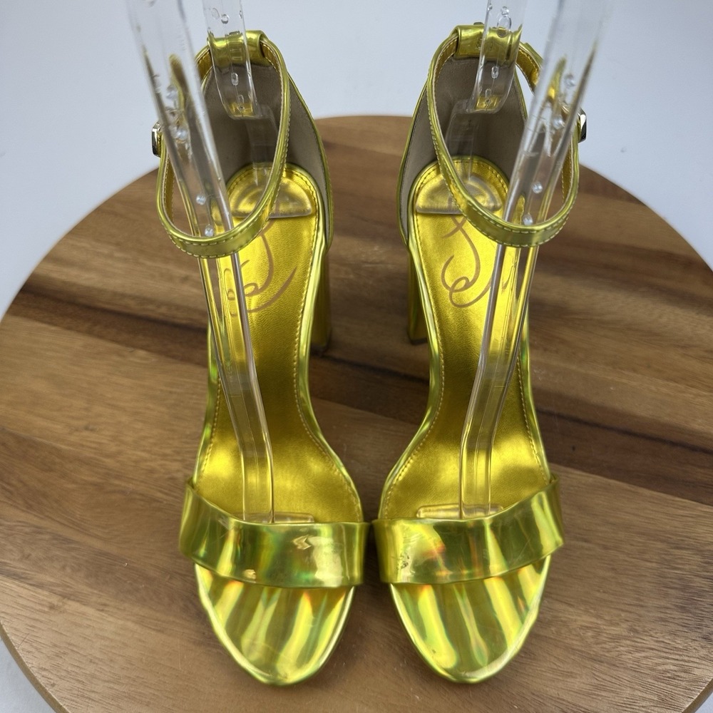 Womens Sam Edelman Yaro Gold Leather Block Open Toe Heeled Sandals Size 8 M GUC - Picture 6 of 10